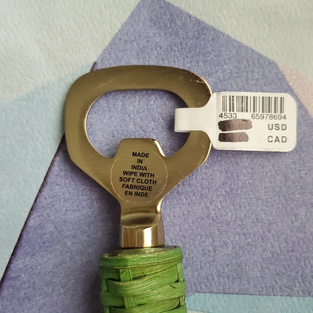 Anthropologie Boho Colorblock Woven Rattan Gold Bottle Opener Barware NWT